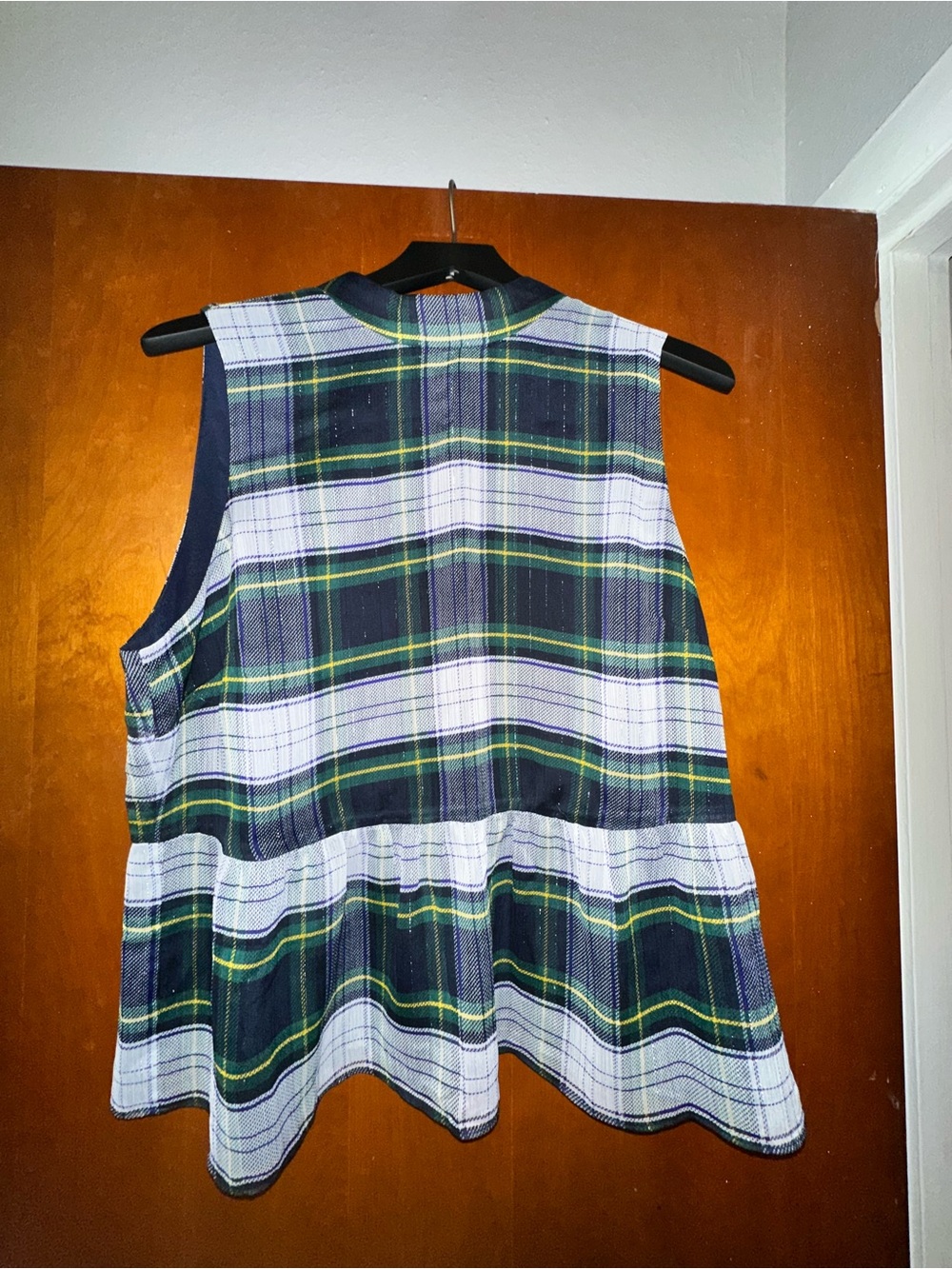 J. Crew Green and Navy Plaid Sleeveless Peplum Top